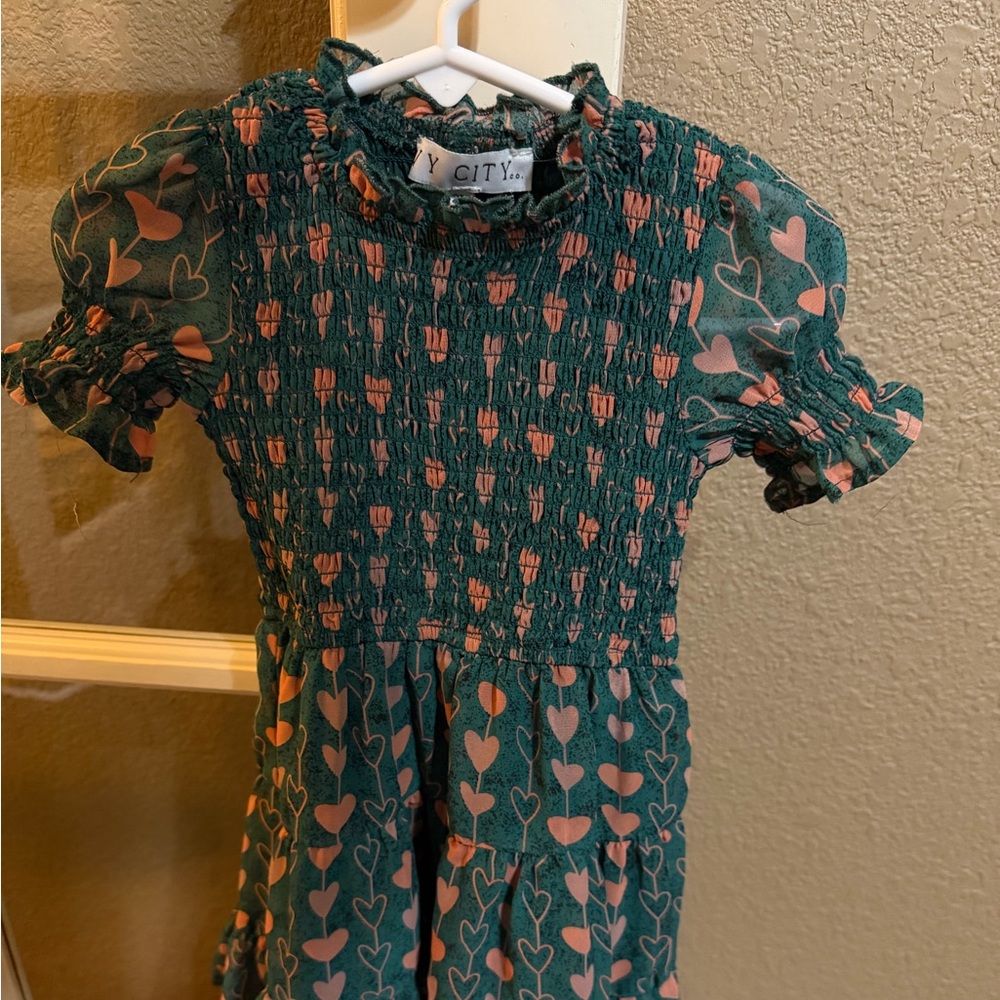 Ivy City Co Ellie Heart Mini Dress Green Pink Smocked Ruffle 2T